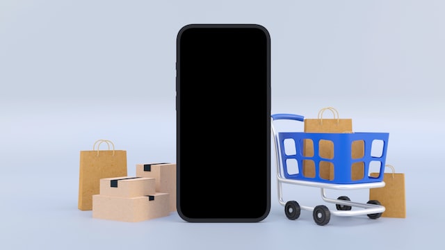 phone and shopping cart with packages